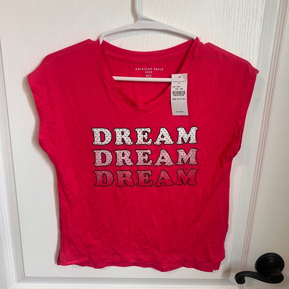 American Eagle Kids Pink Dream Graphic V-Neck Cap Sleeve T-Shirt Size 14‎ NWT